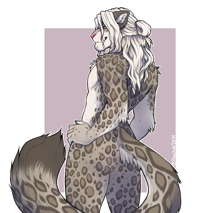 A wide-hipped, wide-shouldered anthropomorphic snow leopard with long hair turned away, hands on hips and leaning back slightly, face partly obscured by hair and looking back over one shoulder with a sly grin. Image signed @peacheeDew
