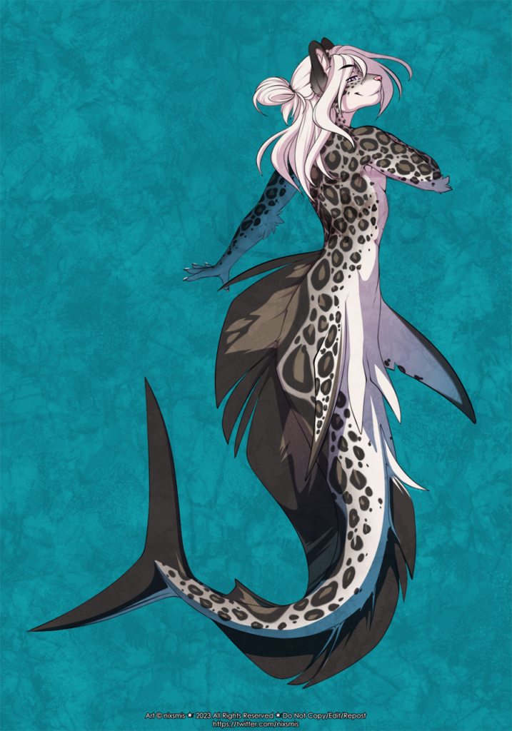 A shark-like mermaid version of an anthro snow leopard
