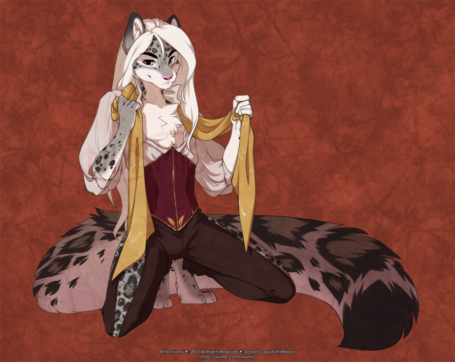 A sly-looking anthropomorphic snow leopard on his knees, leaning back, wearing lace-up pants, a brocade corset-like top, and playing with a gold scarf around his shoulders.